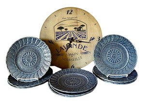 FR - Mixed Lot Bordallo Pinheiro Basketweave Blue Salad Plates & Wooden Wall Clock (10 Items)