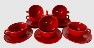 FR - Vintage Red Village Pottery Cups & Saucers (Lot of 15)