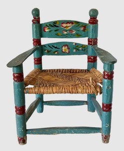 FR - Mexican Folk Art Vintage Childs Chair Woven Rush Seat
