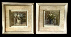 FR - Ceramic Tile Wall Art Pair Danhui Nai in Bleached Oak Frame