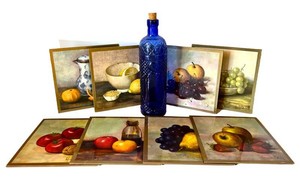 LR - Henk Bos Still Life Art & Cobalt Blue Bottle Mixed Lot (Lot of 9)
