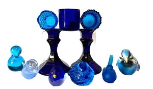 FR - Art Glass Birds & Cobalt Blue Candle Holders Mixed Lot (Lot of 11)