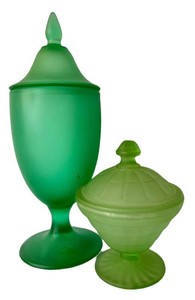 LR - Antique Tiffin Satin Emerald Green Glass Covered Urn & Sugar Bowl 2-Piece Set