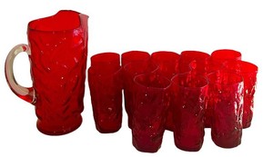 LR - Vintage Seneca Glass Pitcher & Tumbler Set Driftwood Ruby Red Pitcher (13 Pieces)