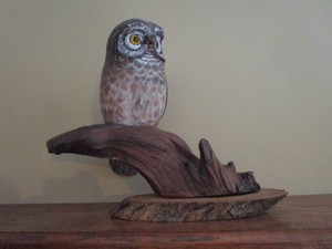 Owl figure perched on wood live edg...