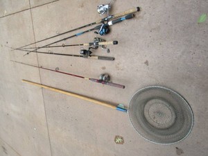 Rods, reels, landing net, Fenwick, ...