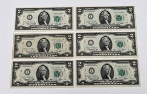 Lot of 6 Series 1976 I $2 Federal Reserve Notes