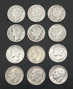 Lof of 12 Silver Dimes (90% Silver) - Mercury & Roosevelt