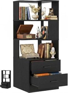 Armocity Corner Bookshelf with Drawers, Black