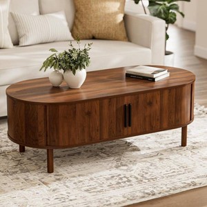 ZttRiee Oval Coffee Table, Cabinets - Walnut