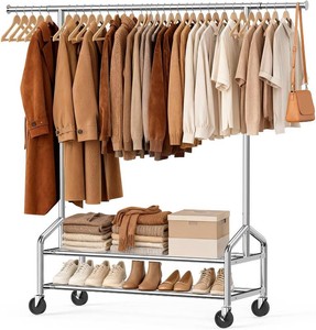 Rolling Clothes Rack, 2 Shelves, Silver
