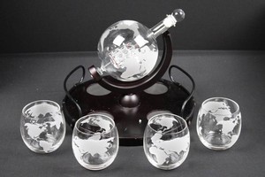 Glass Globe Decanter Set With 4 Etched Glasses