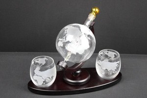 Glass Globe Decanter Set With 2 Etched Tumblers (3 Pieces)