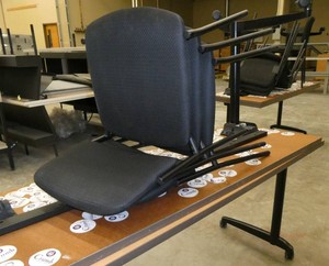 Two 72x24 Flip-top table on wheels and 3 chairs