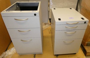 One open top file cabinet for under a desk and one mobile pedestal missing the cushion