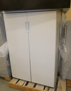Two wood 2 door cabinets (36x17x45), One metal