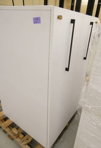 Two Wood laminate locking cubicle cabinet 15x30x48 with slide out storage