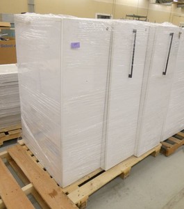 Three Wood laminate locking cubicle cabinet 15x30x48 with slide out storage