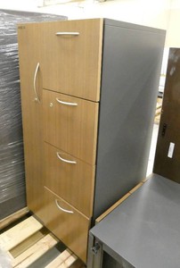 Matching wardrobe, file cabinet and desktop, all steel, woodgrain look