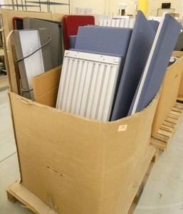 6 pallets of table legs, cubicle parts, sit stand desk mounts etc