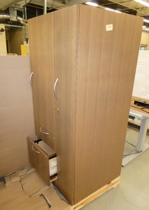 Matching wardrobe, bench file cabinet and storage cabinet, all steel, woodgrain look