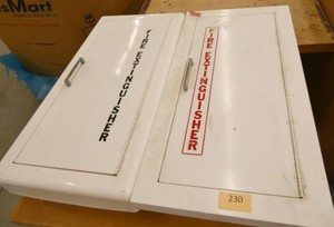 Two fire extinguisher cabinets and rolling warehouse table 30x30