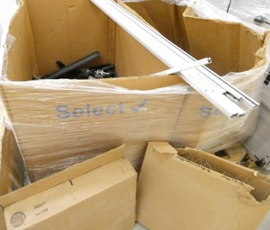 Cubicle parts, 2 boxes floorwall moulding, weird tablecube components
