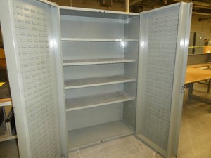2 Door storage cabinet with parts bin hangers on the side doors