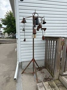 Homemade Large Outdoor Windchime of Cast Iron Pieces and Cow Bells