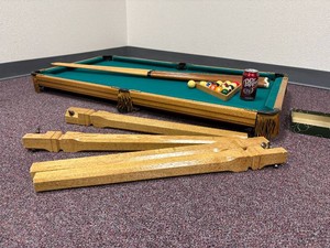 Coffee Table Size Billiards (Pool) Table with Balls, Triangle, & 4 Full Size Pool Sticks Assembled is 29 Tall x 26 Wide x 49 Long