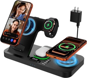 $28 Dual Phone Magnetic Wireless Charging Station for Apple DevicesApple Ecosystem, 7-Color Auto Light & 12H Clock, Multi-Device Charger for iPhone 171615, for iWatch 11109 & AirPods Pro3(Black