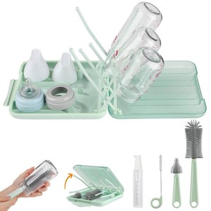 $17 Bottle Brush Set -Baby Travel Essential-6 in 1 Bottle Cleaner Kit with Silicone Bottle Brush,Nipple Cleaner Brush,Straw Brush,Soap Dispenser,Storage Box,Bottle Drying Rack for Home and Travel(Green)