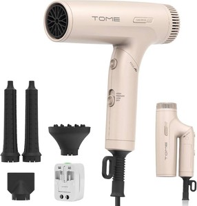 $24 TOME Dual Voltage Travel Hair Dryer, Foldable Blow Dryer, DC Motor, 1200W Fast Drying, Cool Shot, 3 Heat 3 Speed, Nozzle, Diffuser, Air-Powered Wrap Wands, 120 240V Universal Adapter Red (Pink)