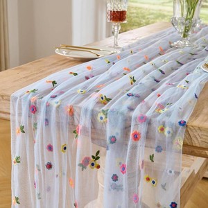 $31 BINBE 6pcs Daisy Spring Table Runner Embroidery Gauze 10FT Florals Seasonal Tulle Holiday Birthday Kitchen Dining Table Decor for Home Party Blue
