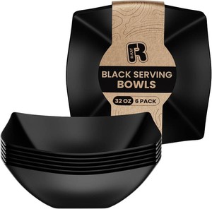 $13 R-kay 6 Pack Square Plastic Serving Bowls - Black Plastic bowls 32 Oz - Premium Black Disposable bowls Heavy Duty For Weddings Catering And Birthday parties