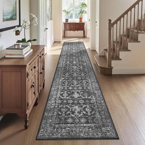 $37 2x10 Hallway Washable Runner Rug Vintage Boho Extra Long Runners for Kitchen, Bathroom, Distressed Floral Floor Mat Non-Slip Farmhouse Carpet, Black
