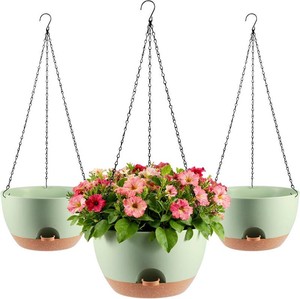 $20 3-Piece Set of 10-Inch Hanging Planters with Automatic Watering System and Drip Tray, Includes Metal Chain, Suitable for Various Indoor and Outdoor Plants and Flowers, Green Brown