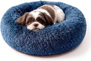 $19 Calming Donut Dogs Beds for Small Dogs Washable,23inch Plush Round Pet Bed for Cozy Sleep,Fluffy Faux Fur Large Cat Bed,Fits up to 25 lbs Pets,Navy Blue