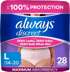 $19 Always Discreet Adult Diapers for Women, Incontinence Underwear, Postpartum Essentials, Disposable Briefs, Max Absorbency, Bladder Leak Protection, Large, 28ct