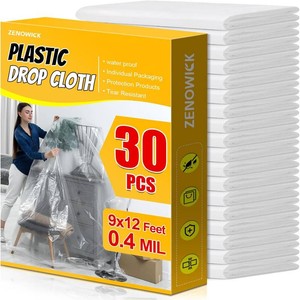 $30 30 Pack Plastic Drop Cloth, 9x12 Ft Plastic Sheeting for Painting, Dust-Proof Tear-Resistant Painters Plastics Tarp Cloth for Furniture Floor Sofa Protector Cover Durable & Thick