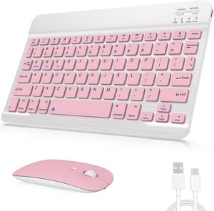 Rechargeable Bluetooth Keyboard and Mouse Combo, Universal Ultra-Slim Wireless Keyboard Mouse Set for Android Windows iPad iPhone Samsung Tablet Portable Compact Keyboard Set (Pink) (missing usb cable)
