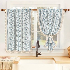 $20 Yinhua Boho Kitchen Curtains 36 Inch Length Vintage Linen Cafe Curtains Light Filtering Bohemian Floral Tier Rod Pocket Farmhouse Rustic Tassel Small Drapes with Tiebacks, 2 Panels, White Blue
