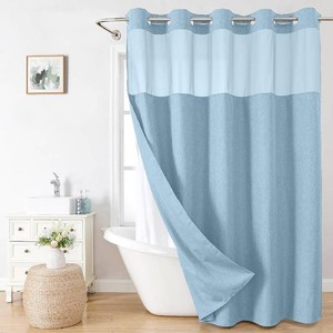 $37 eachope Extra Long No Hooks Needed Linen Textured Shower Curtain with Snap-in Fabric Liner Set,White Hotel Luxury Decor Shower Curtains for Bathroom,Waterproof & Washable,71Wx86H,Fog Blue