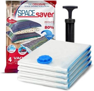 $24 Spacesaver 4 Pack Large Vacuum Storage Bags for Comforters, Blankets & Clothes   Vacuum Sealed Compression Bags with Hand Pump   Space Saver Storage Bags for Bedding, Moving, Travel & Organization
