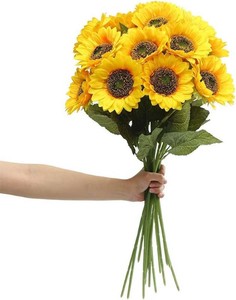 $13 Laelfe Artificial Sunflower Flowers Long Stem Silk Fake Large Sunflowers Decoration for Outdoor Home Wedding Baby Shower Birthday Party Single Bulk Yellow Decor 6PCS (Dark Center)
