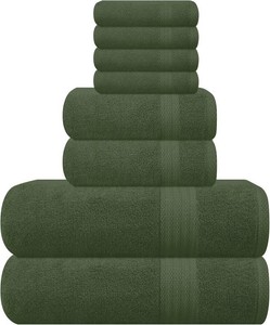 $23 GLAMBURG Ultra Soft 8-Piece Towel Set - 100% Pure Ring spun Cotton, Contains 2 Oversized Bath Towels 27x54, 2 Hand Towels 16x28, 4 Wash Cloths 13x13 - Ideal for Everyday use, Hotel & Spa - Olive Green