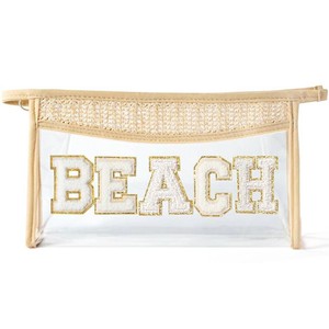 $15 Boho Patch Beach Cosmetic Bag - Summer BEACH Chenille Varsity Toiletry Makeup Bag Beige Letter Clear Waterproof Travel PVC Zipper Clutch Daily Use Purse Summer Makeup Pouch for Women Girls