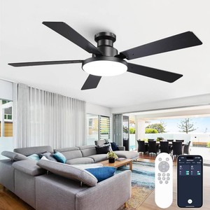 $60 52 Inch Low Profile Black Ceiling Fan with Lights, 12.2 Large 3CCT LED Light Panel, APP & Remote, 6-Speed Quiet Reversible DC Motor, Modern Flush Mount Ceiling Fan for Bedroom Living Room