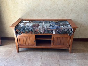 Media Cabinet - Oak Console Cabinet With Tapestry Cover 45 X 20 X 22 in