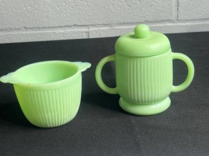 Vintage Fire-King Jadeite Jane Ray Green Ribbed Sugar Bowl & Creamer Set
